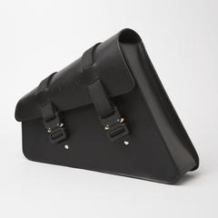 Sportster swingarm bag with Cobra buckles Harley saddlebag in Black leather side view